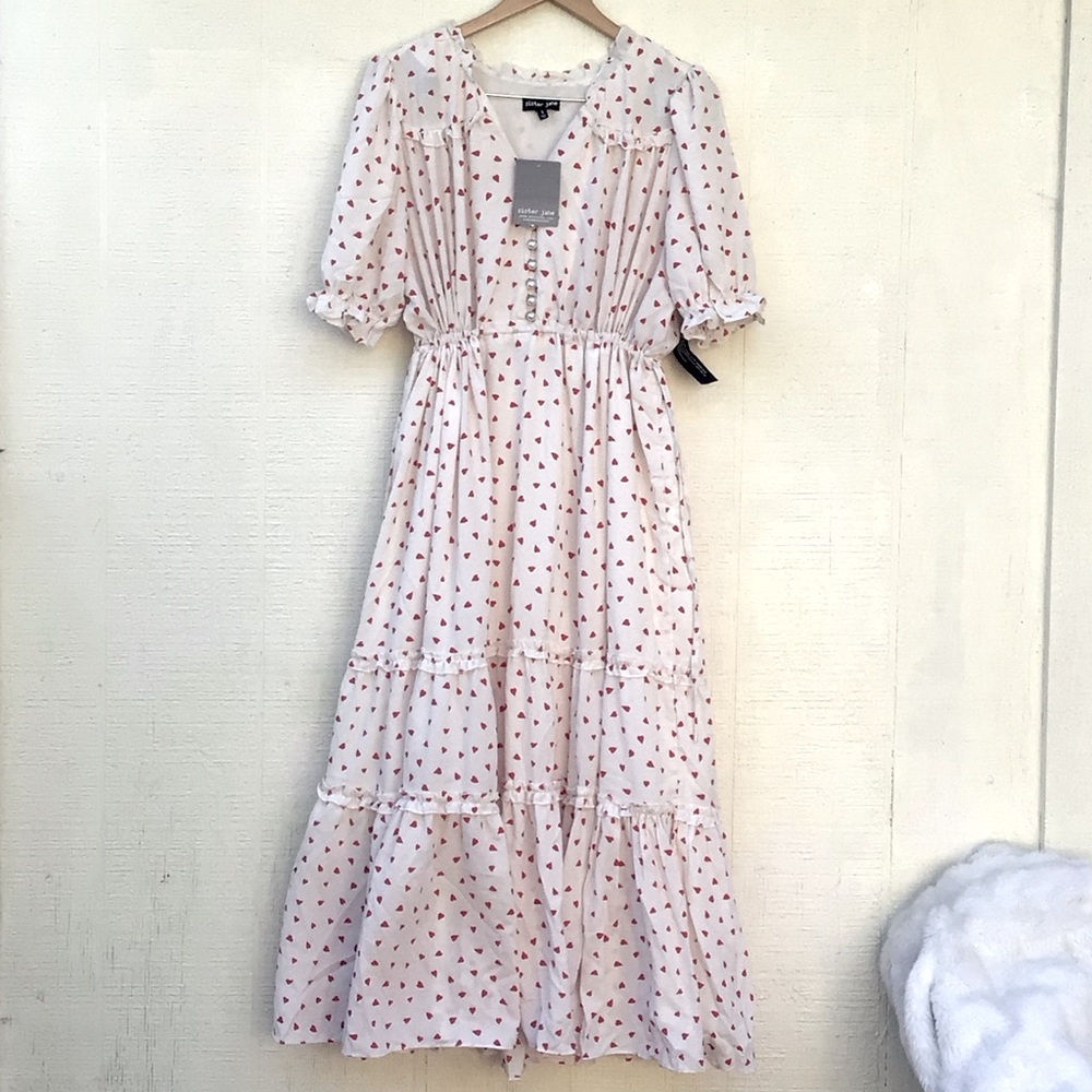 Sister Jane hearts ruffle trim tiered pearl buttons maxi dress